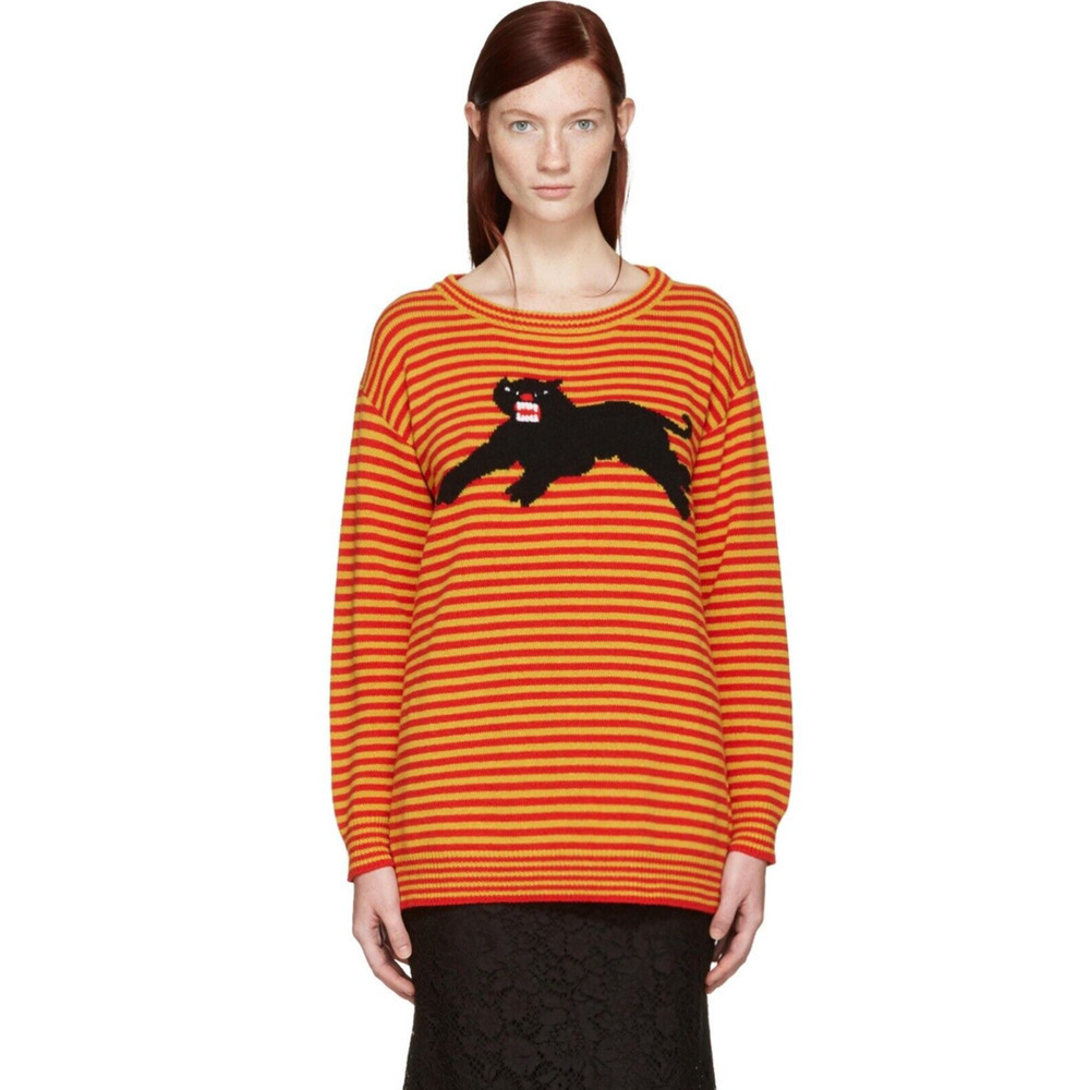 Gucci Women Sweater Tiger Black Panther Striped Red Yellow Size Small Wool $1495